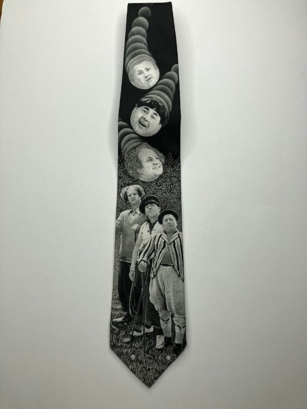 Vintage 90's RALPH MARLIN Men’s Tie Black White Three Stooges Golfing Novelty